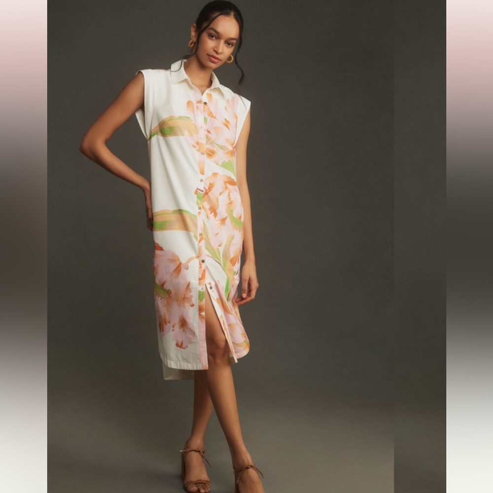 Maeve Cap-Sleeve Floral Button-Front Midi Dress Medium